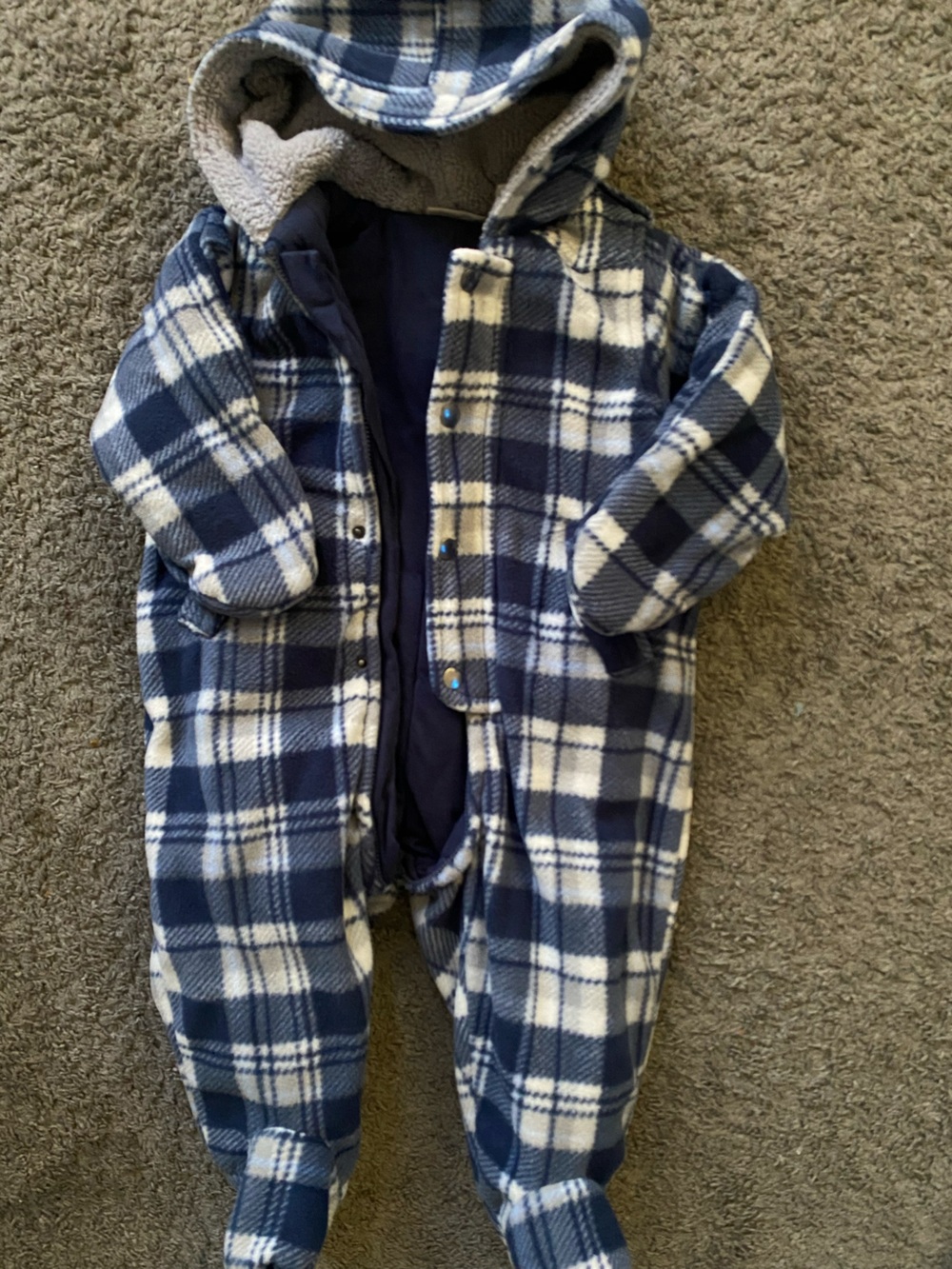 12M First Impressions Navy and White Plaid Hooded Footed One-Piece Fleece jacket